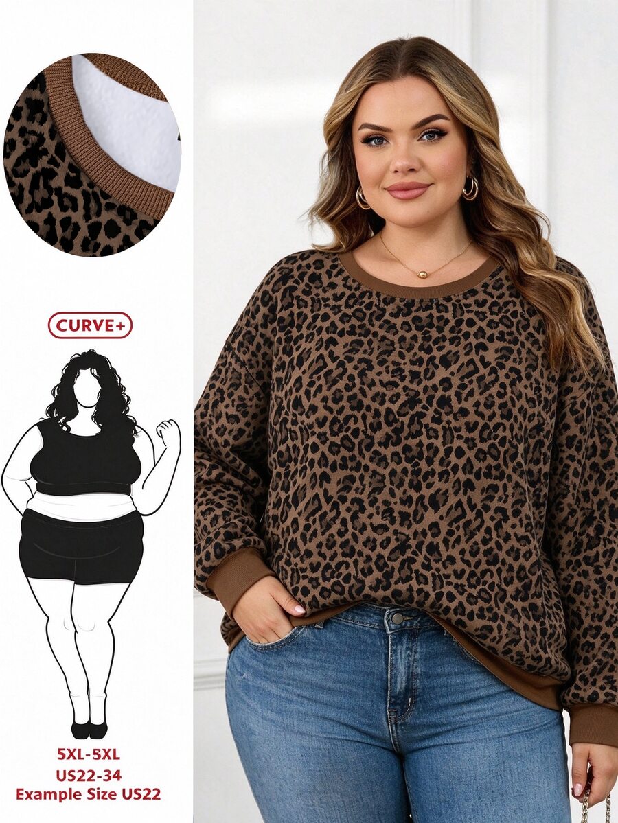SHEIN CURVE+ Plus Size Women's Casual All-Over Leopard Print Sweatshirt Fall - Multicolor - View 1