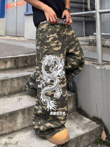 RivetRise 男士龍圖案印花迷彩寬鬆牛仔褲 Y2K 嘻哈寬腿迷彩丹寧長褲 街頭風 度假沙灘 深綠色 秋季 - 軍綠色 - 查看 1