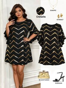 Femmeverse Plus Size Round Neck Flare Sleeve Ruffled Hem Foil Print Loose Dress Fall - Black - View 1