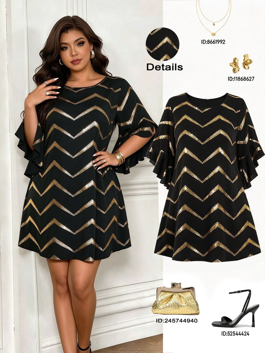 Femmeverse Plus Size Round Neck Flare Sleeve Ruffled Hem Foil Print Loose Dress Fall - Black - View 1