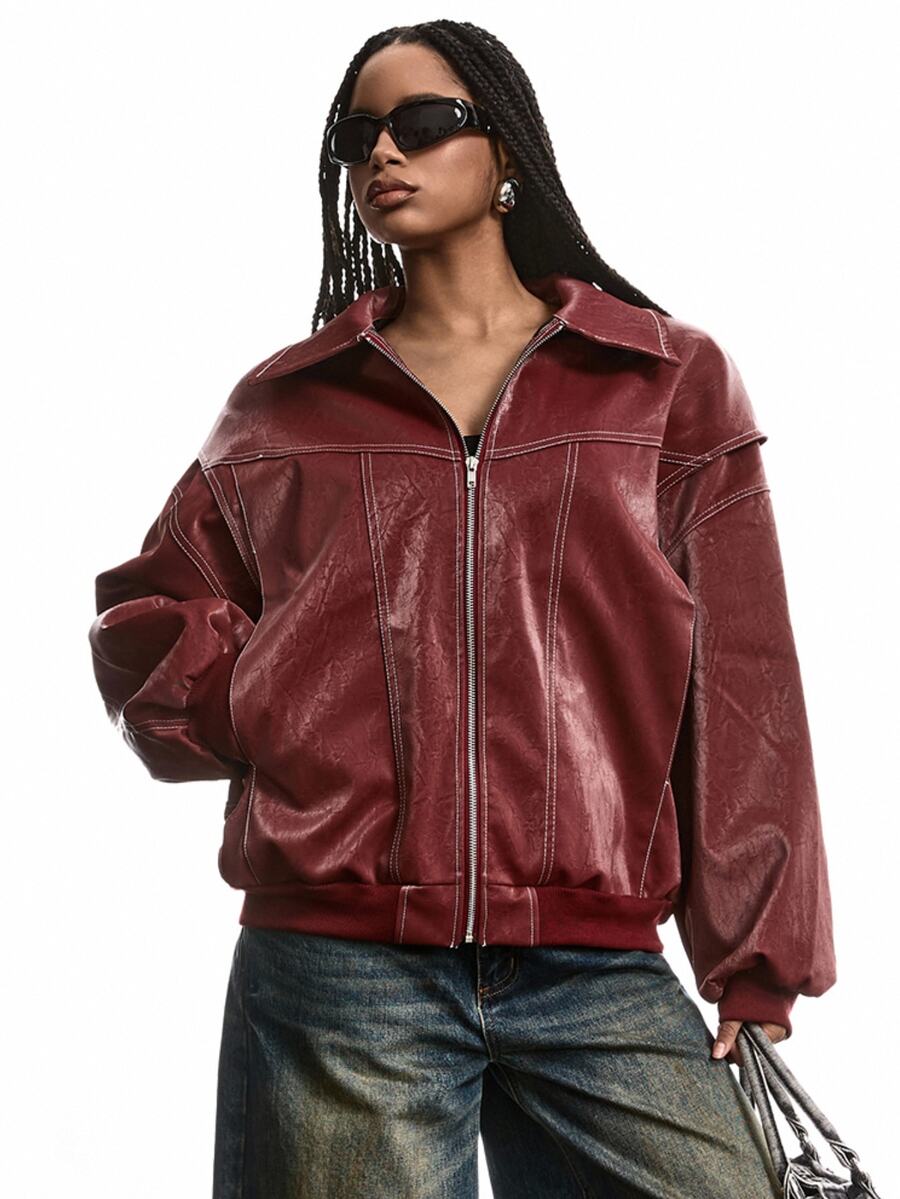 LYSMO Loose Fit Turn-Down Collar Solid Color Zipper-Up Casual Streetwear Long Sleeve PU Leather Jacket In Autumn Everyday Going Out Burgundy - Red - View 1