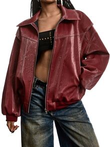 LYSMO Loose Fit Turn-Down Collar Solid Color Zipper-Up Casual Streetwear Long Sleeve PU Leather Jacket In Autumn Everyday Going Out Burgundy - Red - View 3