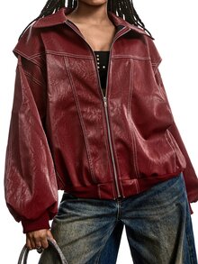 LYSMO Loose Fit Turn-Down Collar Solid Color Zipper-Up Casual Streetwear Long Sleeve PU Leather Jacket In Autumn Everyday Going Out Burgundy - Red - View 5