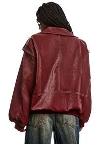 LYSMO Loose Fit Turn-Down Collar Solid Color Zipper-Up Casual Streetwear Long Sleeve PU Leather Jacket In Autumn Everyday Going Out Burgundy - Red - View 2