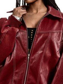 LYSMO Loose Fit Turn-Down Collar Solid Color Zipper-Up Casual Streetwear Long Sleeve PU Leather Jacket In Autumn Everyday Going Out Burgundy - Red - View 8