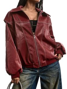 LYSMO Loose Fit Turn-Down Collar Solid Color Zipper-Up Casual Streetwear Long Sleeve PU Leather Jacket In Autumn Everyday Going Out Burgundy - Red - View 6