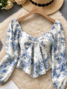 Roelina Top casual versátil de uso diario con estampado integral y plisado para mujer - Blanco - Ver 1