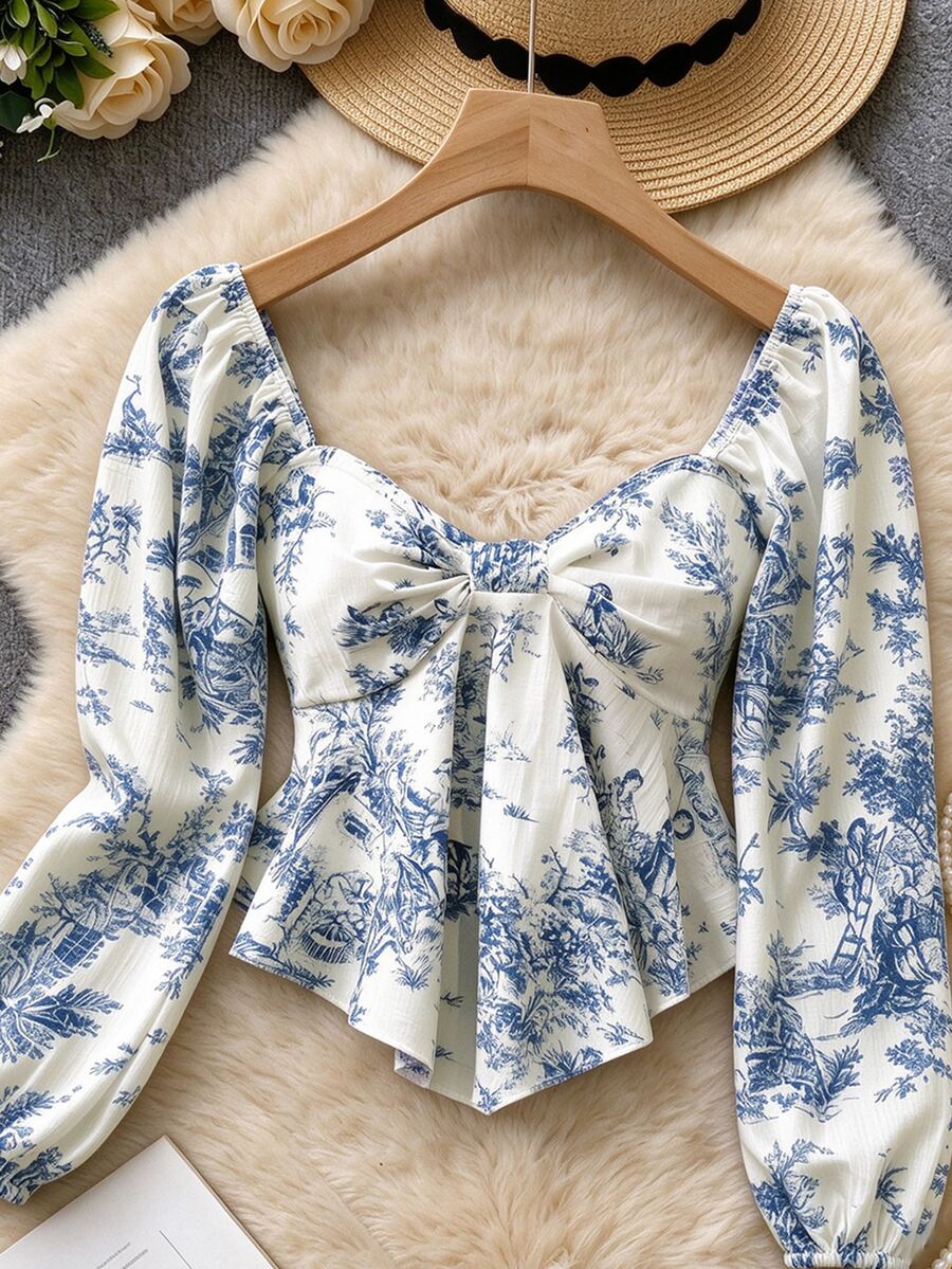 Roelina Top casual versátil de uso diario con estampado integral y plisado para mujer - Blanco - Ver 1
