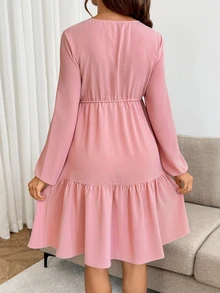 SHEIN Maternity Solid Color Button Half-Placket Waist Tie Lantern Sleeve Ruffle Hem Casual Dress - Pink - View 9