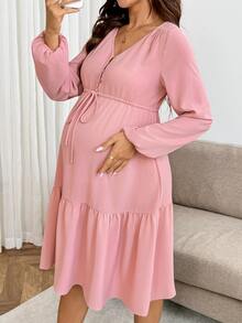 SHEIN Maternity Solid Color Button Half-Placket Waist Tie Lantern Sleeve Ruffle Hem Casual Dress - Pink - View 3
