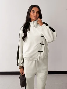 SHEIN Glamour Women's Black And White Colorblock Two Pieces Set With Stand-Collar Jacket And Wide-Leg Pants, Casual Matching Outfit For Everyday And Streetwear Looks - Beige - View 9