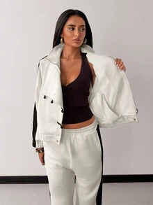 SHEIN Glamour Women's Black And White Colorblock Two Pieces Set With Stand-Collar Jacket And Wide-Leg Pants, Casual Matching Outfit For Everyday And Streetwear Looks - Beige - View 8