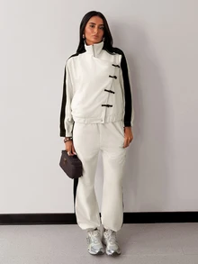 SHEIN Glamour Women's Black And White Colorblock Two Pieces Set With Stand-Collar Jacket And Wide-Leg Pants, Casual Matching Outfit For Everyday And Streetwear Looks - Beige - View 7