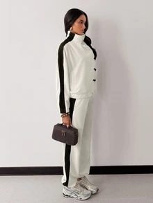 SHEIN Glamour Women's Black And White Colorblock Two Pieces Set With Stand-Collar Jacket And Wide-Leg Pants, Casual Matching Outfit For Everyday And Streetwear Looks - Beige - View 10