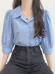 DAZY Women's Collared Striped Short Sleeve Lantern Sleeve Loose Blouse Spring Summer Autumn - Blue - View 4