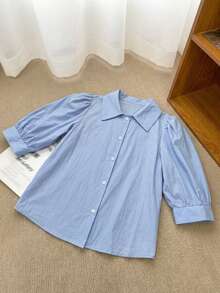 DAZY Women's Collared Striped Short Sleeve Lantern Sleeve Loose Blouse Spring Summer Autumn - Blue - View 5