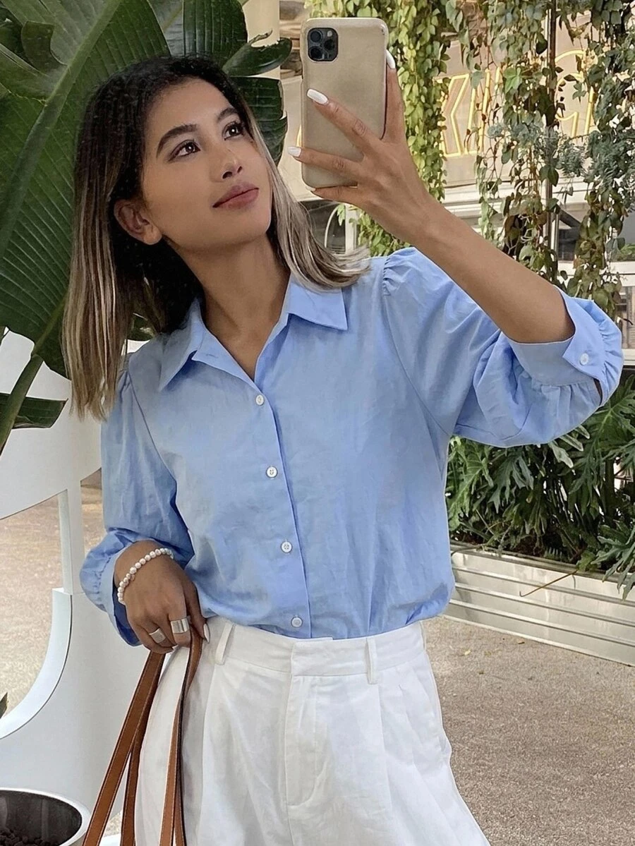 DAZY Women's Collared Striped Short Sleeve Lantern Sleeve Loose Blouse Spring Summer Autumn - Blue - View 1