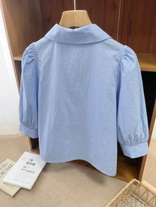 DAZY Women's Collared Striped Short Sleeve Lantern Sleeve Loose Blouse Spring Summer Autumn - Blue - View 6