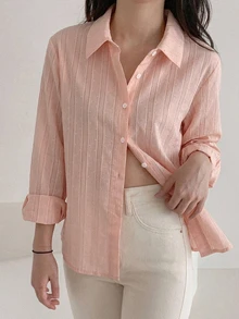 DAZY Women's Solid Color Single-Breasted Casual Versatile Everyday Travel Shirt Fall - Pink - View 3