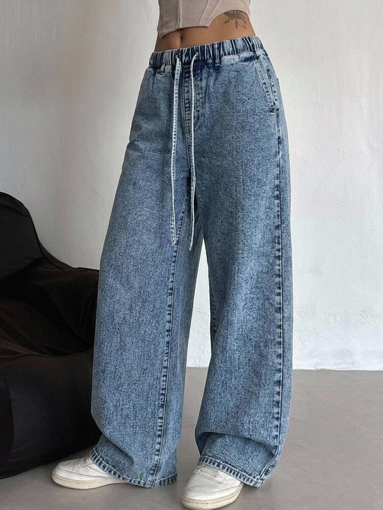 DAZY Women's Drawstring Waist Jeans With Pockets Low Rise Jeans Cute Tops - Medium Wash - View 8