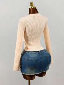 Mistrie Autumn Pure Desire Style Outwear Lace 2 In 1 V-Neck Button Ribbed Knit Slim Fit Cropped Long Sleeve Top - Khaki - View 3
