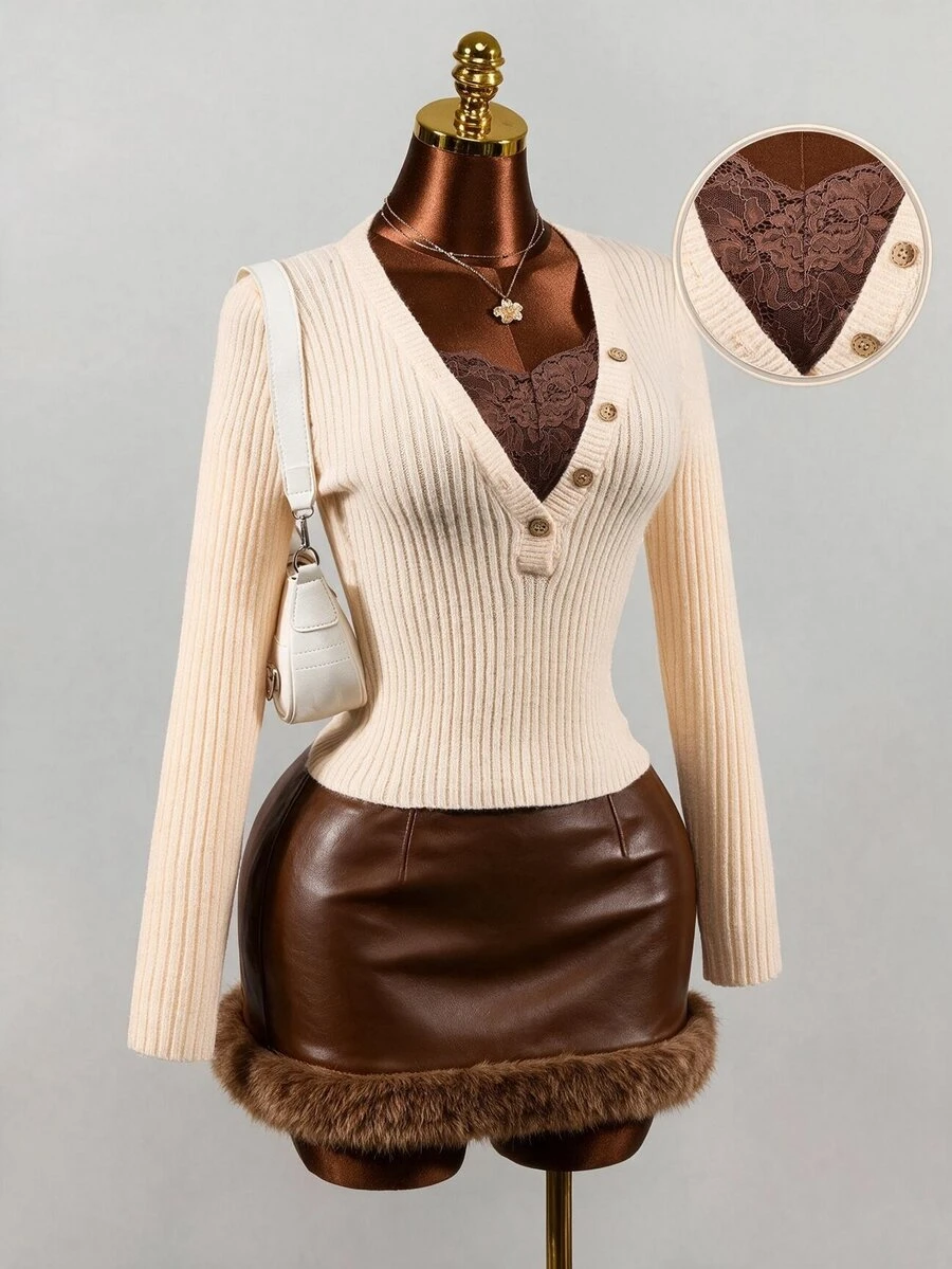 Mistrie Autumn Pure Desire Style Outwear Lace 2 In 1 V-Neck Button Ribbed Knit Slim Fit Cropped Long Sleeve Top