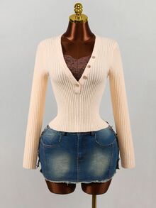 Mistrie Autumn Pure Desire Style Outwear Lace 2 In 1 V-Neck Button Ribbed Knit Slim Fit Cropped Long Sleeve Top - Khaki - View 5