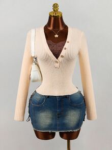 Mistrie Autumn Pure Desire Style Outwear Lace 2 In 1 V-Neck Button Ribbed Knit Slim Fit Cropped Long Sleeve Top - Khaki - View 6