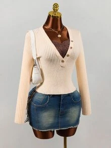 Mistrie Autumn Pure Desire Style Outwear Lace 2 In 1 V-Neck Button Ribbed Knit Slim Fit Cropped Long Sleeve Top - Khaki - View 4
