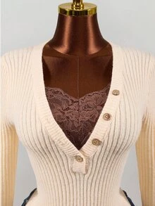 Mistrie Autumn Pure Desire Style Outwear Lace 2 In 1 V-Neck Button Ribbed Knit Slim Fit Cropped Long Sleeve Top - Khaki - View 9