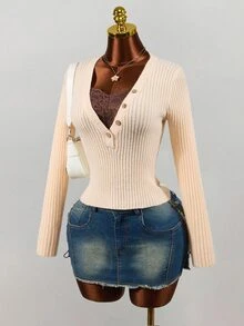 Mistrie Autumn Pure Desire Style Outwear Lace 2 In 1 V-Neck Button Ribbed Knit Slim Fit Cropped Long Sleeve Top - Khaki - View 7
