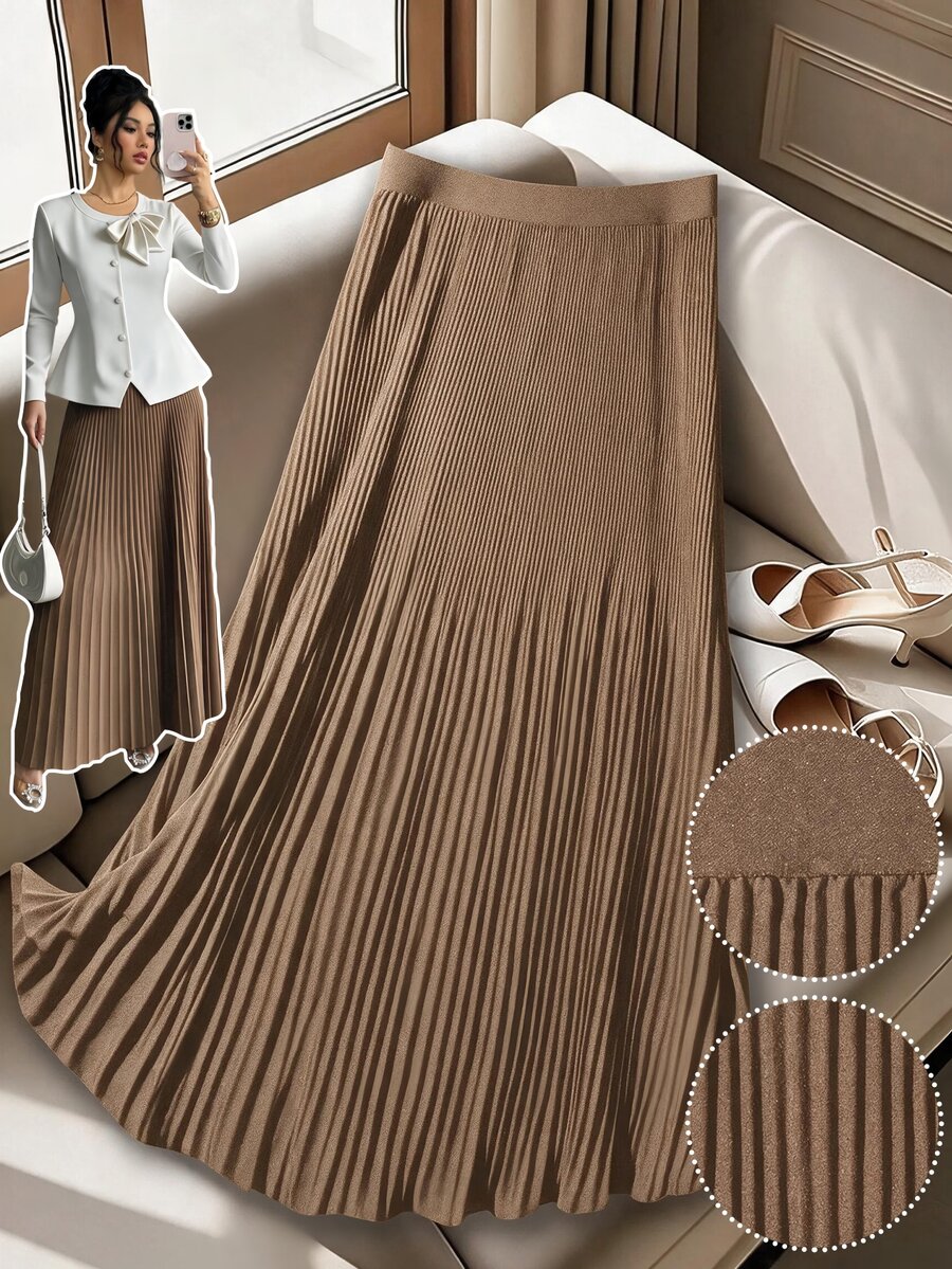 GlowEve CURVE Plus Size Women's Solid Color Elastic Waist Pleated Long Casual Skirt Fall - Khaki - View 1