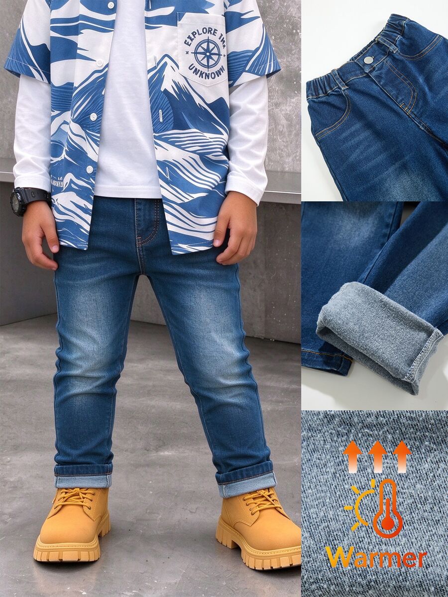 SHEIN 小男孩藍色嬰兒修身棉質牛仔褲,時尚休閒,輕量抓毛內裡,適合春夏秋冬四季穿著 - 深色水洗藍 - 查看 1