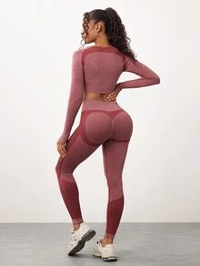 SHEIN Core Rhythm Women's Colorblock Long Sleeve Top And Leggings Casual Daily Sports Outfit - Burgundy - View 3