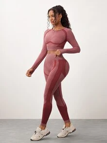 SHEIN Core Rhythm Women's Colorblock Long Sleeve Top And Leggings Casual Daily Sports Outfit - Burgundy - View 2