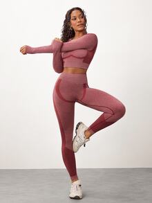 SHEIN Core Rhythm Women's Colorblock Long Sleeve Top And Leggings Casual Daily Sports Outfit - Burgundy - View 4