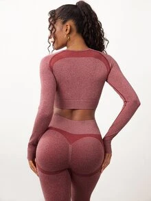 SHEIN Core Rhythm Women's Colorblock Long Sleeve Top And Leggings Casual Daily Sports Outfit - Burgundy - View 5