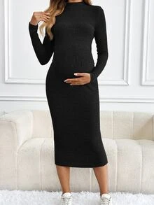 SHEIN Women's Solid Stand Collar Long Sleeve Simple Long Casual Dress, For Maternity Fall - Black - View 3