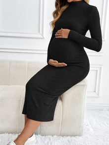 SHEIN Women's Solid Stand Collar Long Sleeve Simple Long Casual Dress, For Maternity Fall - Black - View 5
