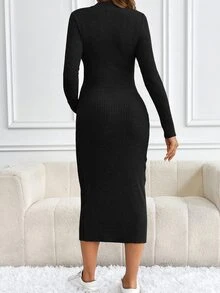 SHEIN Women's Solid Stand Collar Long Sleeve Simple Long Casual Dress, For Maternity Fall - Black - View 2