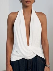 Hauture Women's Sexy Backless Asymmetrical Design Sleeveless Halter Top - White - View 4