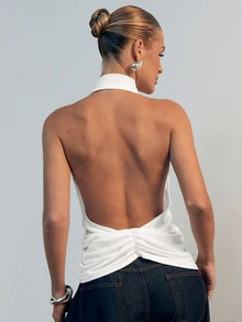 Hauture Women's Sexy Backless Asymmetrical Design Sleeveless Halter Top - White - View 2