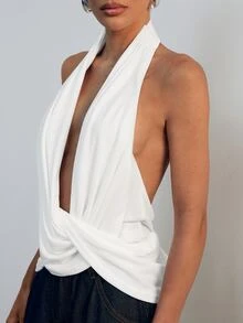 Hauture Women's Sexy Backless Asymmetrical Design Sleeveless Halter Top - White - View 5