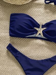 SHEIN Swim Fabric Blue Plain High Cut Bikini For Women With Starfish Accent - Blue - View 5