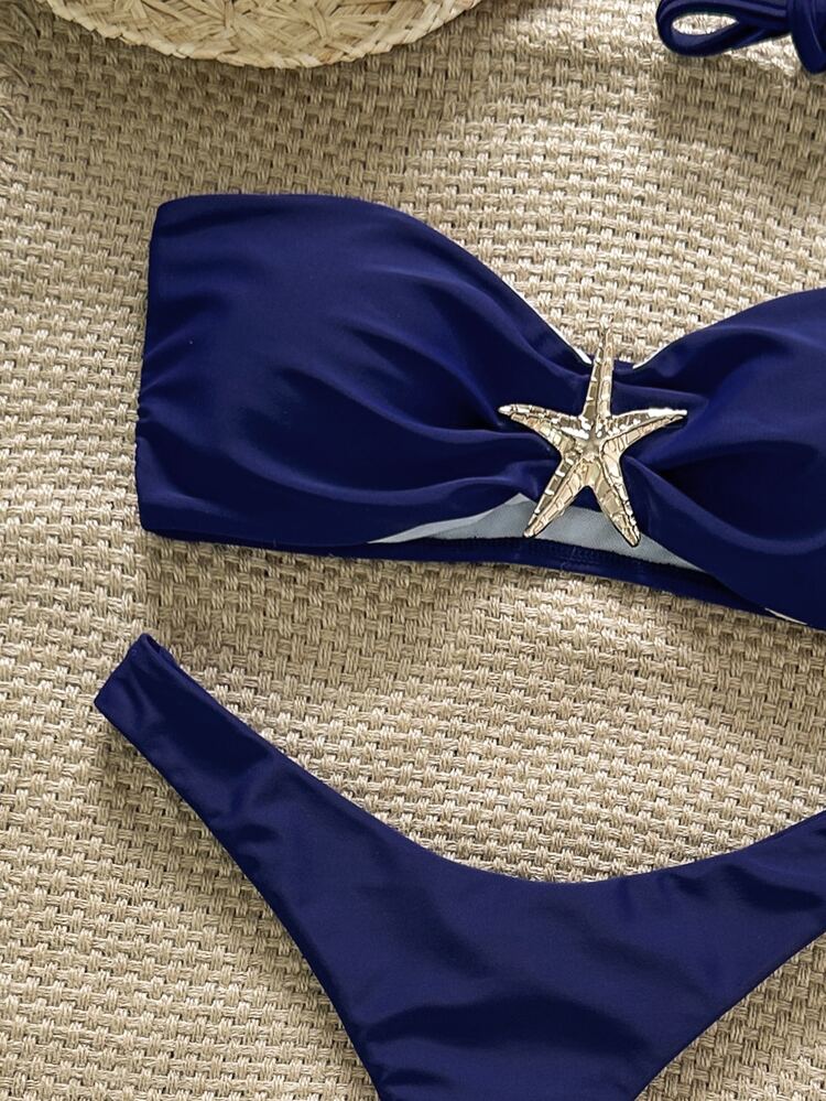SHEIN Swim Fabric Blue Plain High Cut Bikini For Women With Starfish Accent - Blue - View 5