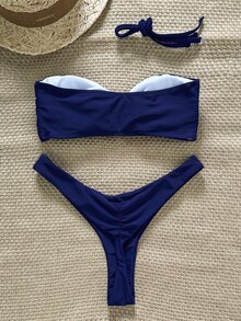 SHEIN Swim Fabric Blue Plain High Cut Bikini For Women With Starfish Accent - Blue - View 2