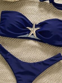 SHEIN Swim Fabric Blue Plain High Cut Bikini For Women With Starfish Accent - Blue - View 6