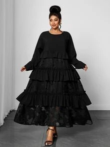 Maweii Plus Size Women's Round Neck Long Sleeve Cake Skirt Mesh Jacquard Patchwork Ruffle Hem Loose Mid-Length A-Line Commuter Long Dress - Black - View 5
