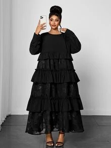 Maweii Plus Size Women's Round Neck Long Sleeve Cake Skirt Mesh Jacquard Patchwork Ruffle Hem Loose Mid-Length A-Line Commuter Long Dress - Black - View 6