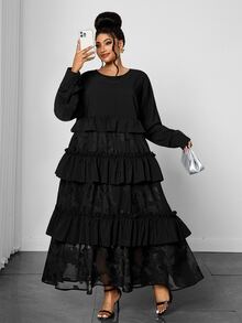 Maweii Plus Size Women's Round Neck Long Sleeve Cake Skirt Mesh Jacquard Patchwork Ruffle Hem Loose Mid-Length A-Line Commuter Long Dress - Black - View 2
